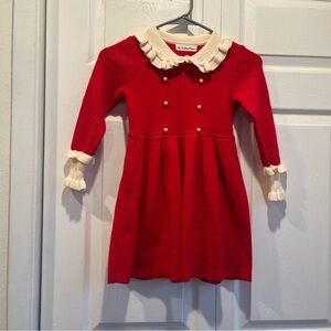 Smiling Pinker Red and White Collared Sweater Dress with Pearl Details - Size 5